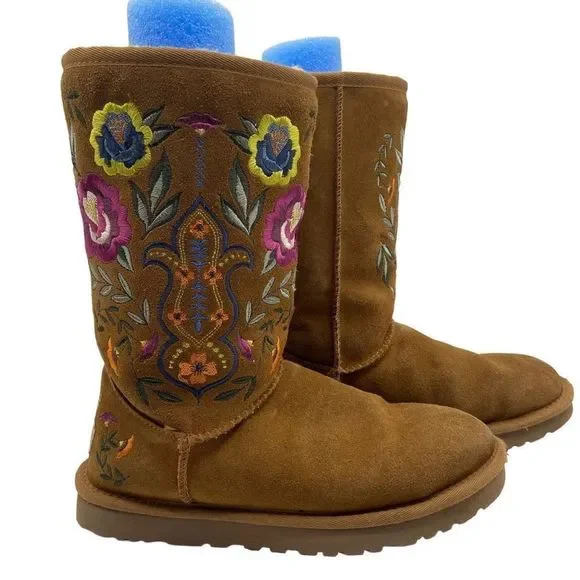 UGG Women's Juliette Embroidered Boots Chestnut Suede Brown Size 7 - Picture 1 of 11